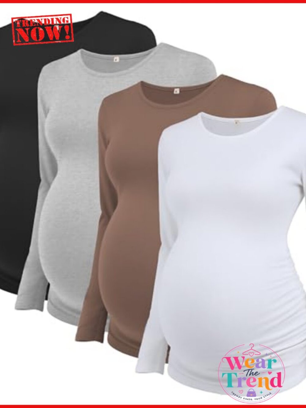 Maternity Long Sleeve T-Shirts Side Ruched Stretch Rayon Spandex 4-Pack